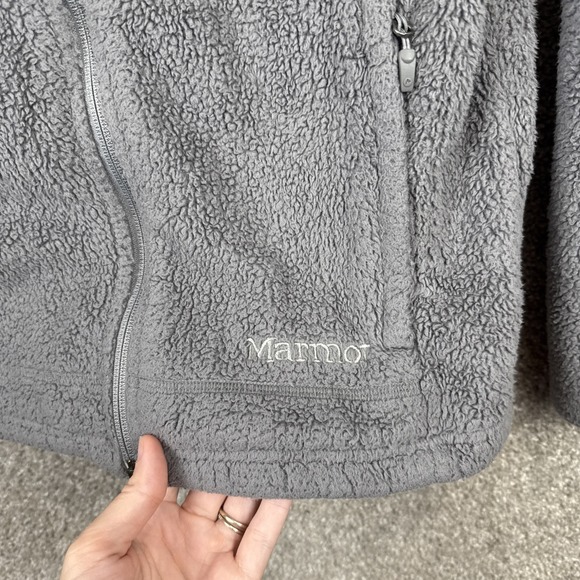 Marmot Jacket Women's Small Gray Teddy Fleece Full Zip Hooded Pockets - Picture 2 of 8